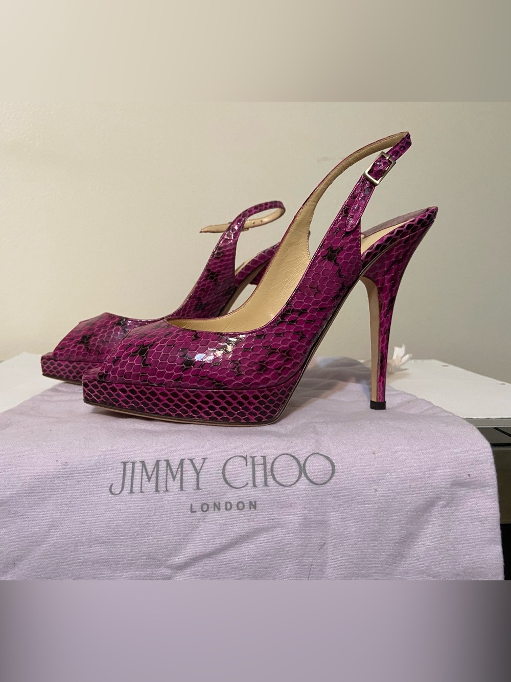 Jimmy Choo New with box Magenta Snakeskin Slingback Platform Pumps IT37.5/US7